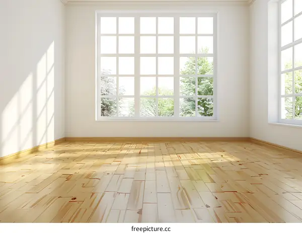 Empty Room with Large Window and Wooden Floor