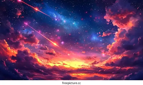 Fantastic Colorful Starry Sky with Shooting Stars