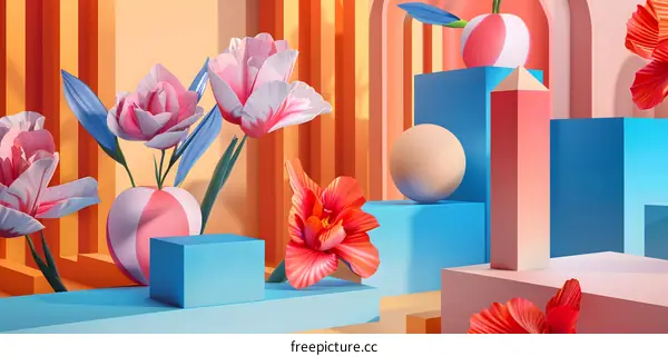 Abstract 3D Flowers and Geometric Shapes