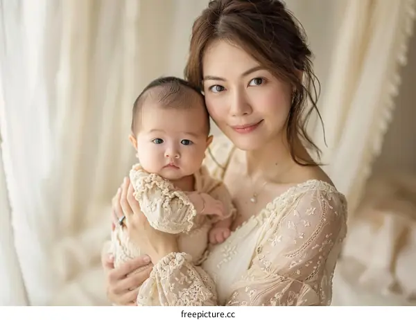 A mother is holding her baby in her arms. The baby is looking at the camera.