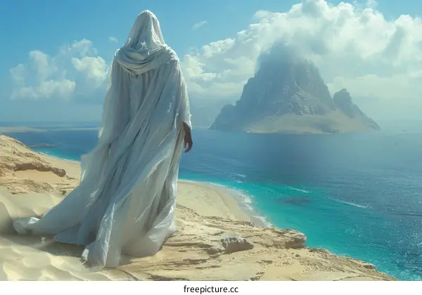 A cloaked figure stands on the beach and looks out to the vast ocean.