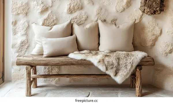 Rustic Wooden Bench with Beige Pillows and Fur Blanket