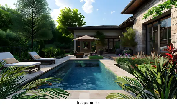 Modern house with swimming pool and outdoor seating area