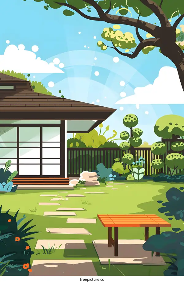 Green Grass Backyard with Patio and Wooden Bench