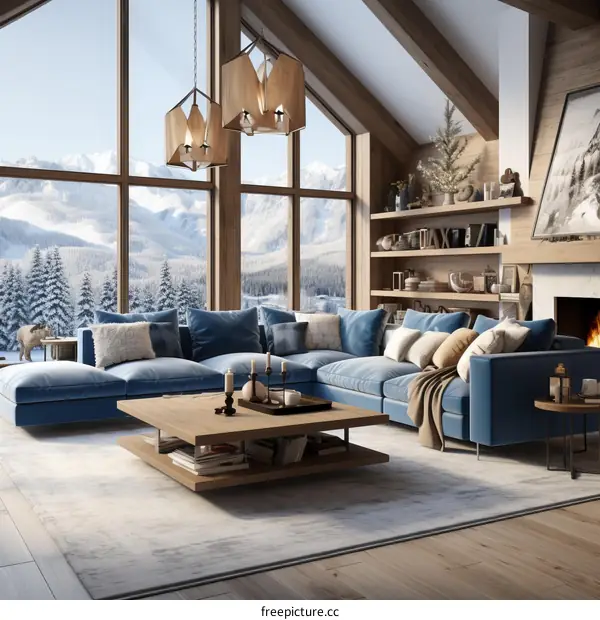 Blue and white living room with fireplace and mountain view