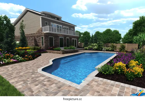 Backyard Swimming Pool With Stone Patio And Landscaping