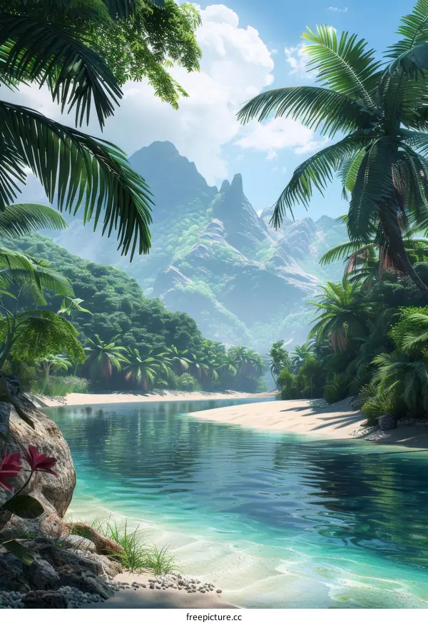 Panoramic Beach and Mountains Tropical Rainforest Scenery