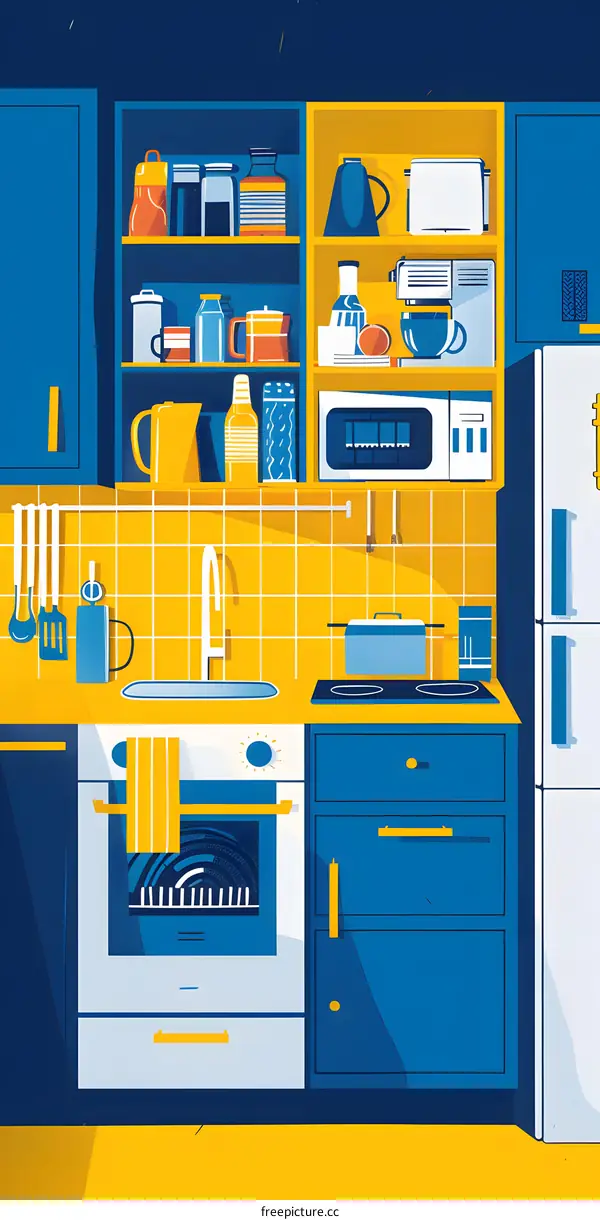 Minimalist Kitchen Illustration with Blue and Yellow Colors