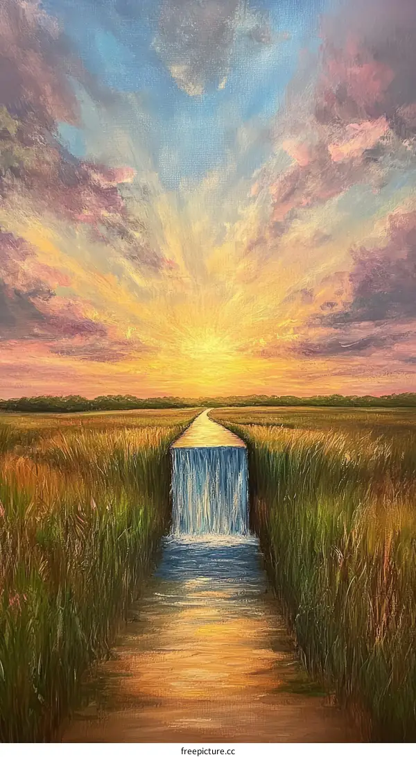 Sunset Waterfall Landscape Painting