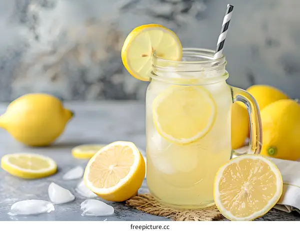 Refreshing Homemade Lemonade with Ice and Lemon Slices in a Mason Jar