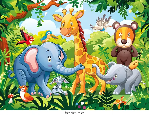 Cute Cartoon Animals in a Lush Green Jungle