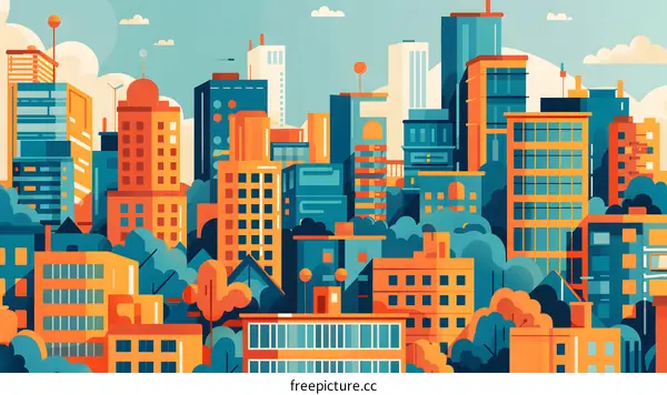 Colorful Cityscape Illustration with Buildings and Trees