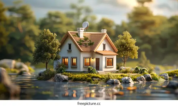 Solitary House on a Lake Island
