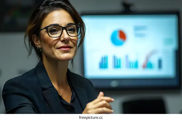 Businesswoman with Glasses Looking at Data on Computer Monitor