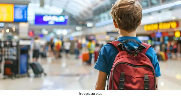 Young Boy With Backpack Standing in Airport Terminal