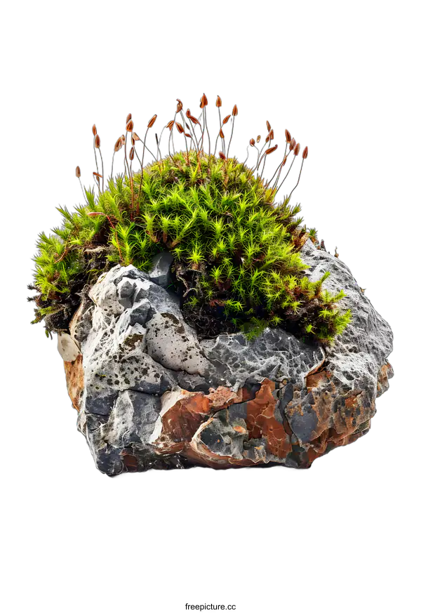 [Transparent Background PNG]Green Moss Growing on a Rock Isolated on White Background