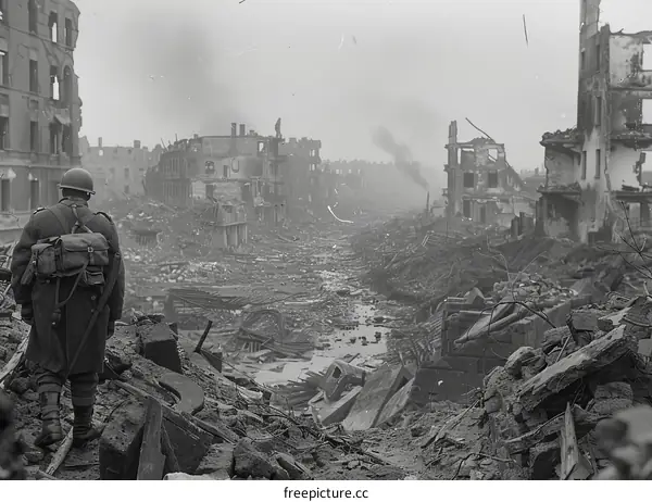 A soldier surveys the ruins of Warsaw, Poland, after the Warsaw Uprising of 1944.