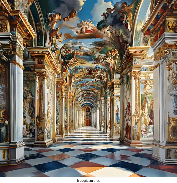 Painting of a Grand Hallway with Ornate Columns and Frescoes