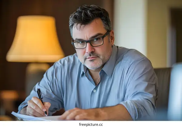 Man Writing in Office With Focused Look