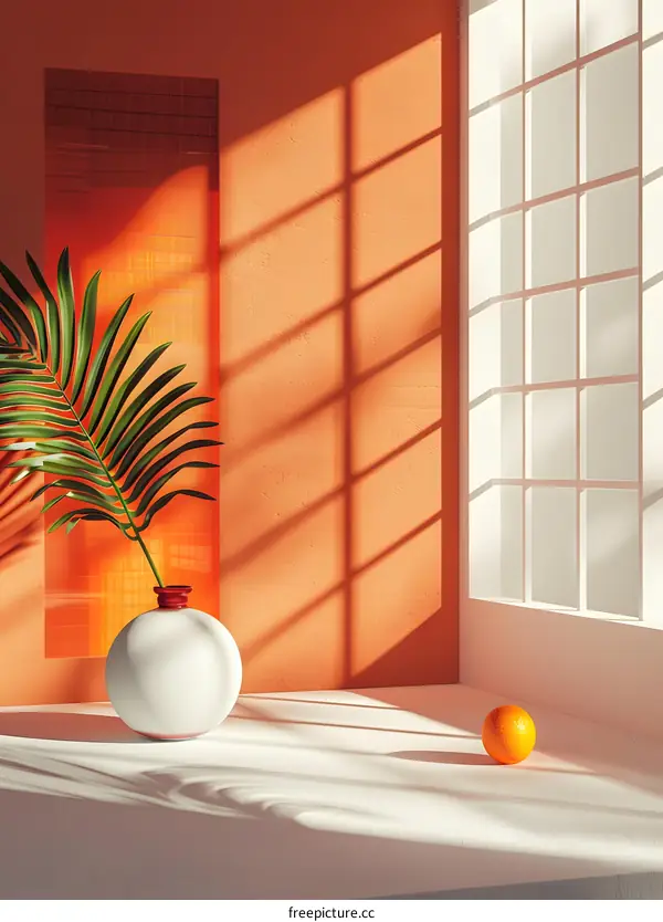 Orange on a Table with a Palm Leaf in a Vase
