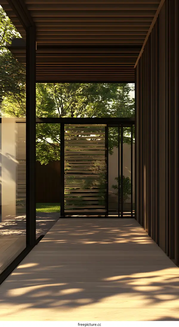 Modern Minimalist Glass Doorway with Wooden Ceiling and Floor