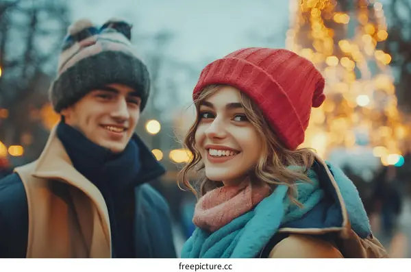 Smiling Couple In Winter Wearing Hats And Scarves In Front Of Christmas Lights