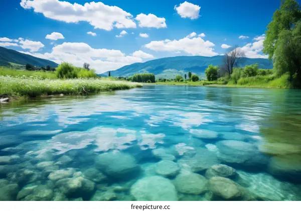 Lush River Valley Landscape with Mountains and Blue Sky