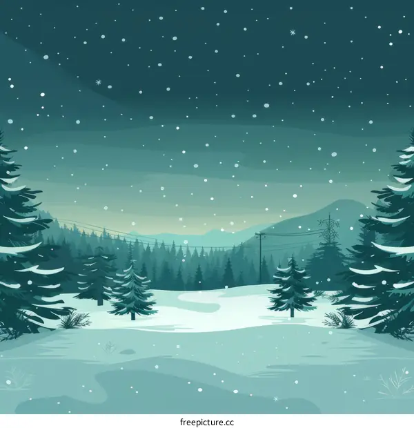 Snowy Winter Landscape with Pine Trees and Distant Mountains