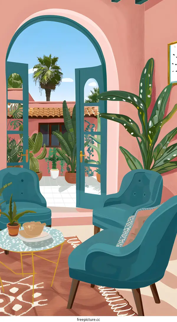 Lounge Chairs in a Modern Living Room with an Open Door View of a Tropical Patio