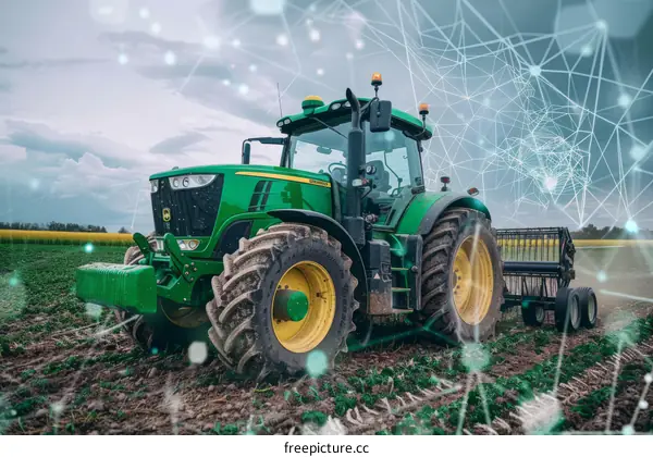 Tractor working in field with futuristic technology