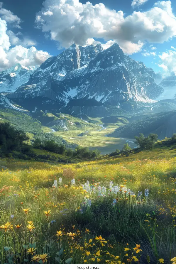 Beautiful Alpine Meadow with Wildflowers and Majestic Mountains