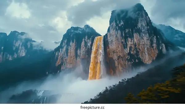 Majestic Waterfall Cascading Down Mountainous Terrain