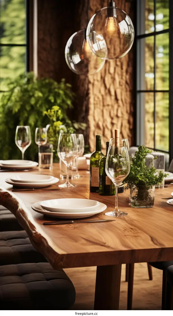Rustic Wooden Table with Wine Glasses and Greenery