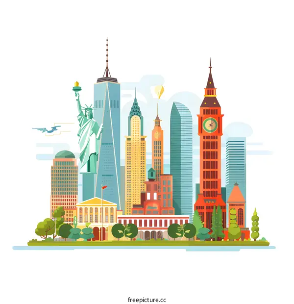 Famous Landmarks Skyline Cityscape Illustration