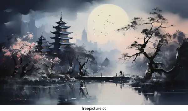 A traditional Japanese village with a beautiful night sky