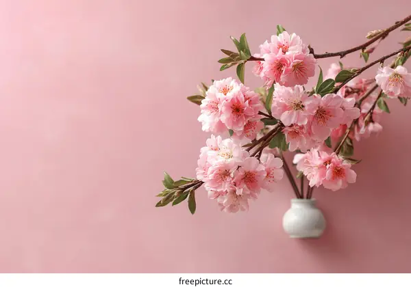 Pink Cherry Blossoms in Vase on Pink Background