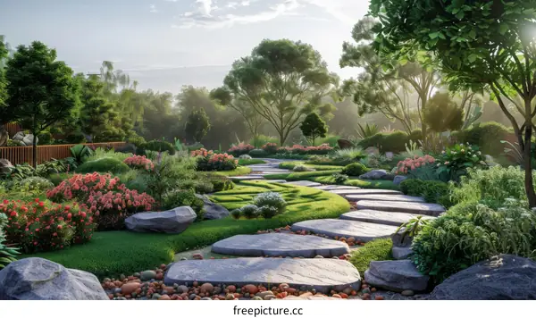 Landscaping Design with Large Rocks and Pink Flowers