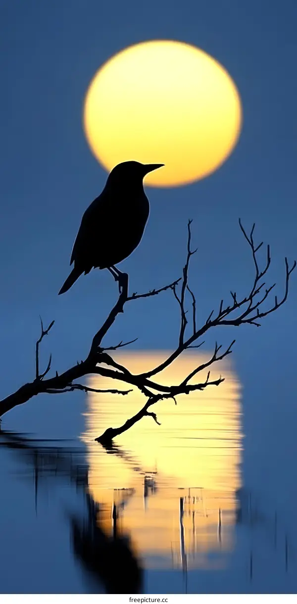 Silhouette of a Bird Perched on a Branch with a Large Yellow Sun Behind it