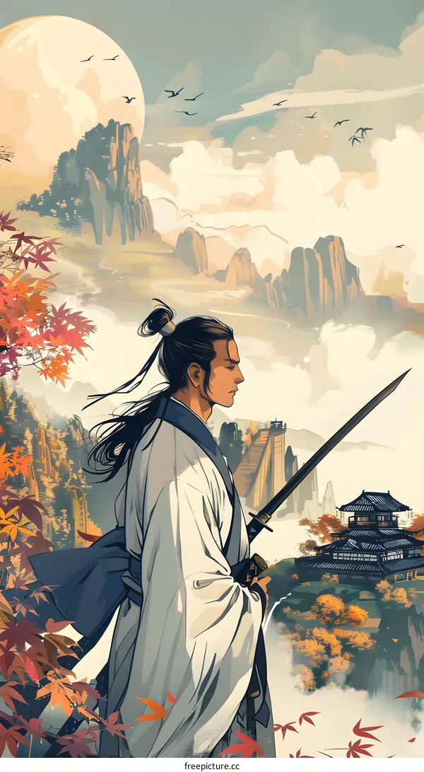 Warrior Standing on Mountain Top with Sword and Autumn Foliage