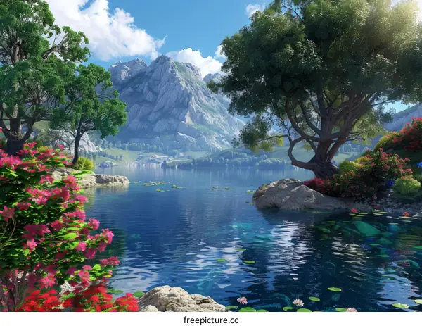 Tranquil Mountain Lake with Trees and Flowers