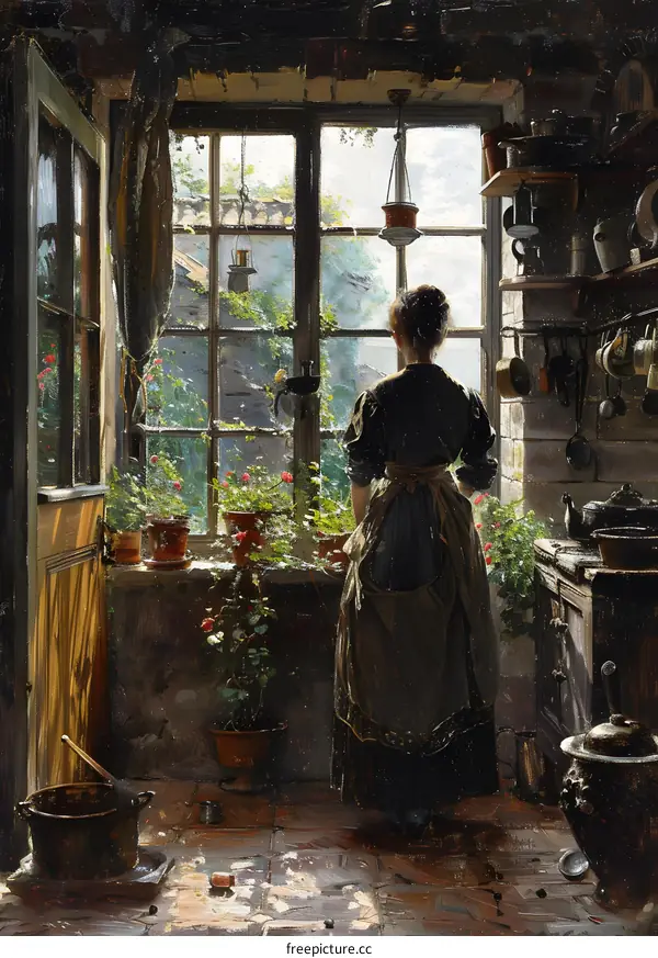 Woman Looking Out Window in Kitchen Painting