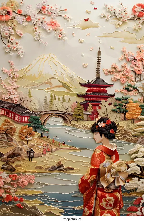Japanese Landscape Paper Art with Woman in Kimono