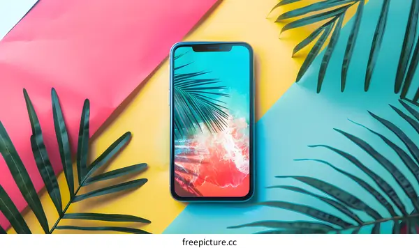 Smartphone with Summer Beach Wallpaper on Colorful Background