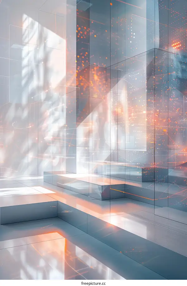 Glowing Orange Particles in Abstract Architectural Space