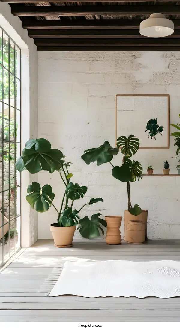 Minimalist Living Room Decor with Plants and White Rug