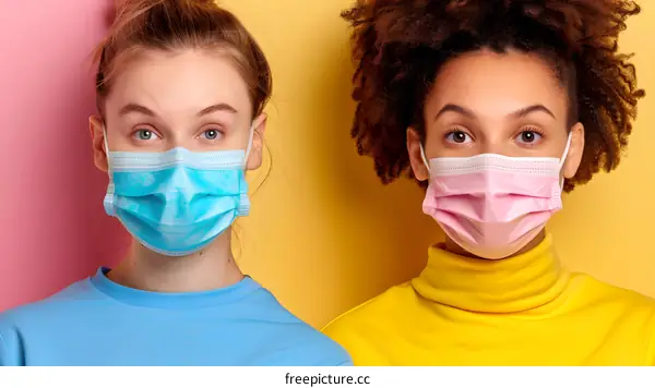 Two Women Wearing Face Masks, One With Pink And The Other With Blue, Looking At The Camera