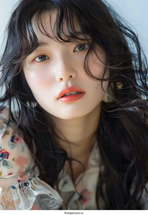 Beautiful Asian Woman with Long Black Hair Portrait