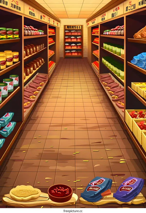Grocery Store Interior With Shelves And Food Items