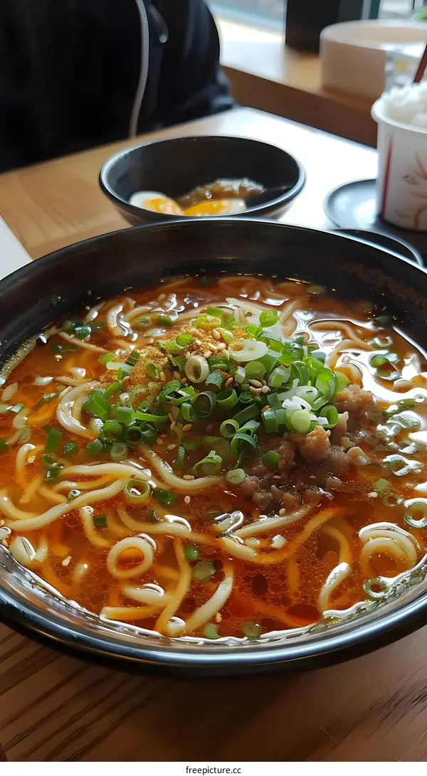A bowl of ramen with green onions and sesame seeds