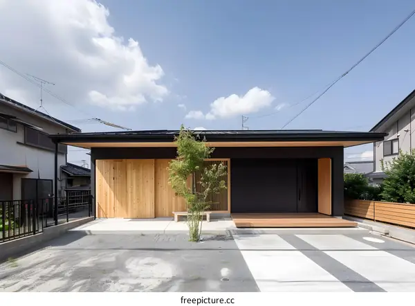 Modern Japanese House with Wooden Siding and Black Roof